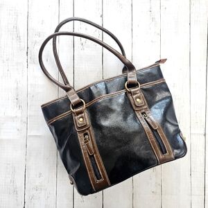 Bueno Shiny Black/Brown Faux Leather Large Purse Tote Lots of Storage Pockets